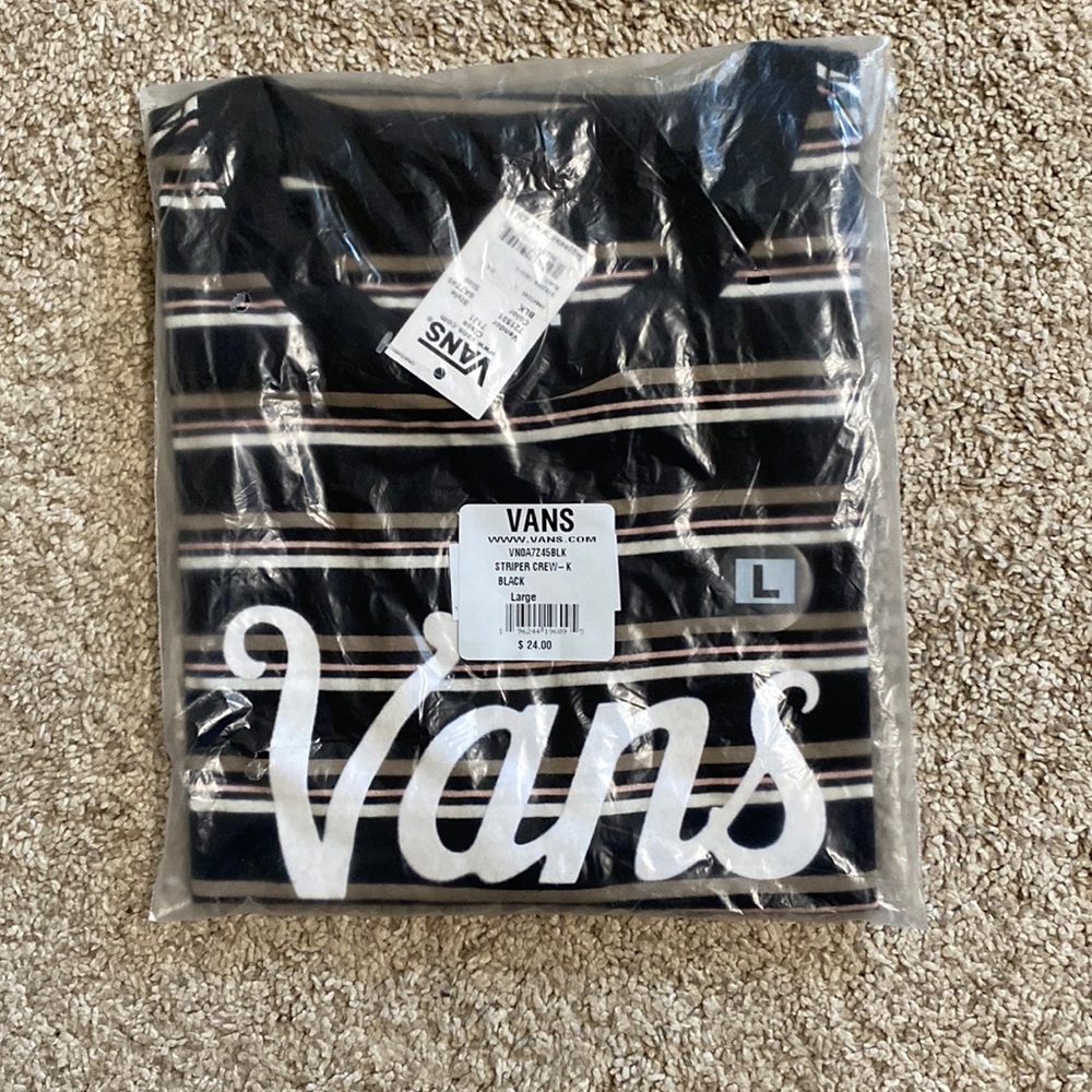 Vans women’s tee shirt black with white , pink , and tan stripes